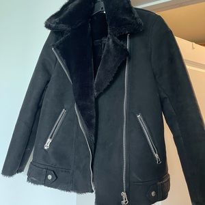 Suede black aviator coat with faux fur